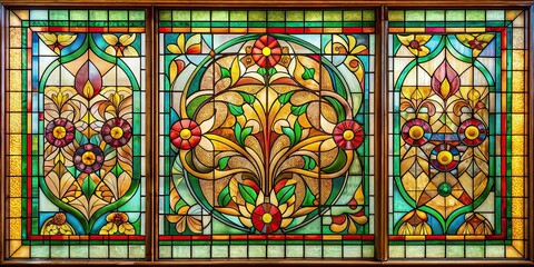 Colorful vintage stained glass window with Art Nouveau decoration, stained glass, colorful, vintage, window