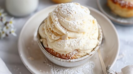 A bowl of Swedish semla with almond paste on a white plate.