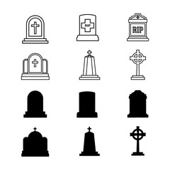 Tombstone icon. Tombstone icon set. Grave symbol set. Silhouette and line style.