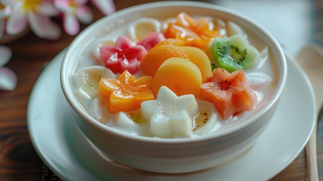 A bowl of Thai luk chup with colorful fruit shapes on a white plate.
