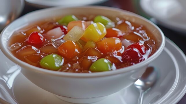 A bowl of Thai luk chup with colorful fruit shapes on a white plate.