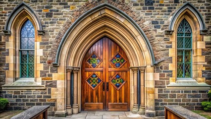 Fototapeta premium Entrance to a traditional church with wooden doors and stained glass windows, Church, entrance, door