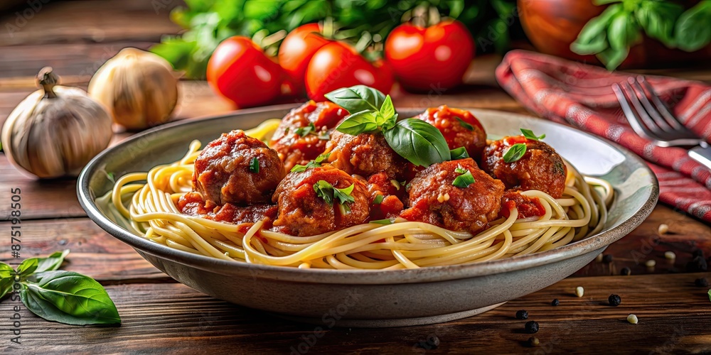 Poster Delicious spaghetti with savory meatballs and rich marinara sauce , Italian cuisine, pasta, comfort food