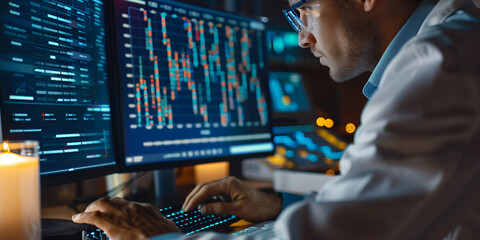 Data scientist analyzing complex datasets on multiple screens to uncover insights and drive technological innovation