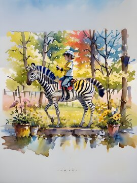 watercolors 일러스트 삽화 벽에 걸려있는 캔버스 그림 abstract 얼룩말 꼬마 현란한 art 미술 화려한 colorful 창의적인 상상 숲 나무 꽃 풀 nature 
