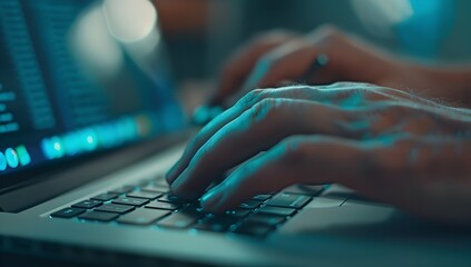 A closeup of hands typing on the keyboard, with focus on one hand and an open laptop in front of it