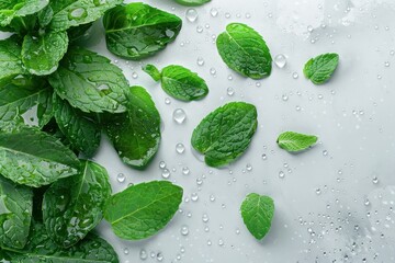 Top view of fresh green mint leaves and water droplets scattered on a light gray background