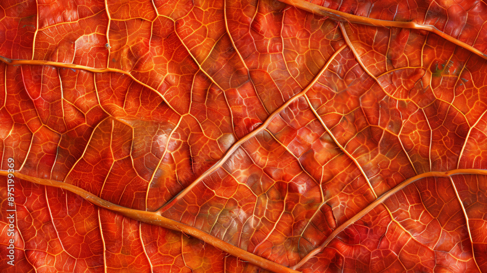 Poster Close-up photo capturing the intricate web of veins in a vibrant autumn leaf