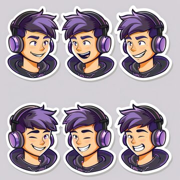 Cute Purple-Haired Boy Wearing Headphones Emotes
