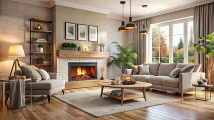 Cozy living room with comfortable furnishings and fireplace, warm, inviting, cozy, living room