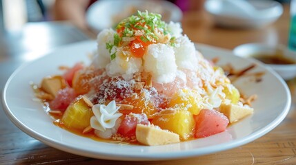 A dish of Filipino halo-halo with various ingredients on a white plate.