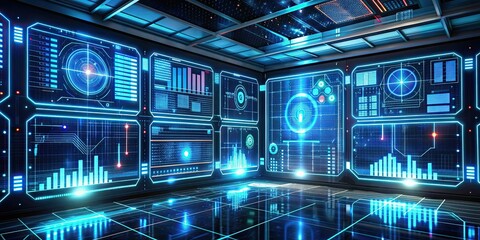 Fototapeta premium Futuristic data panel with glowing holographic displays, futuristic, data, panel, information, advanced, technology