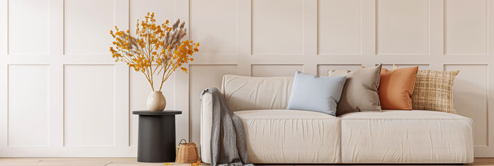 Minimalist living room interiors in soft and warm colors with minimal furniture and copy space. Stylish realty composition for advertising.