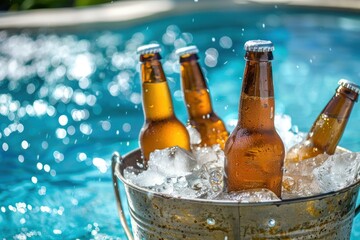 Wet ice beer bottles in a metal bucket with ice in a pool of water on a summer day
