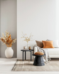 Minimalist living room interiors in soft and warm colors with minimal furniture and copy space. Stylish realty composition for advertising.