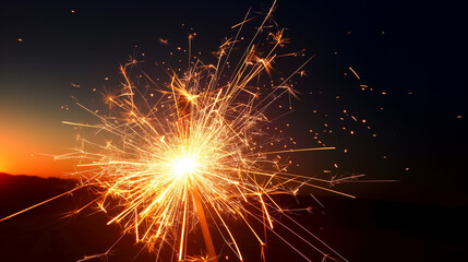 Fototapeta premium Sparkler with golden sparks illuminating the night sky