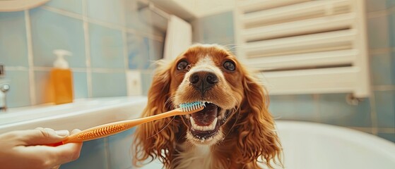 Caring Pet Sitter: Hyper-Realistic Image of a Dog Getting Teeth Brushed in Bright Bathroom