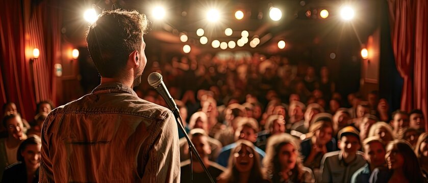 Hilarious Stand-Up Comedian on Stage with Exaggerated Facial Expressions and Body Language, Audience Laughing Uncontrollably - Hyper-realistic Comedy Performance Entertainer