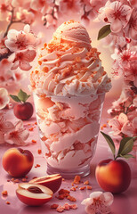 An ice cream explosion with raspberries, strawberries, variety of ice cream and frozen treats of berries and fruits, many different flavors, strawberry, vanilla and caramel, garnished with fruits