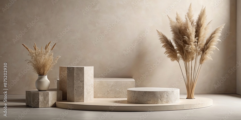 Poster Empty stone podium with dried plants for elegant minimalist product display, stone, podium, product display