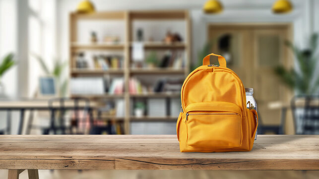 Yellow backpack with school supplies and water bottle on wooden table in the classroom, blur background of children's learning space for back to School concept