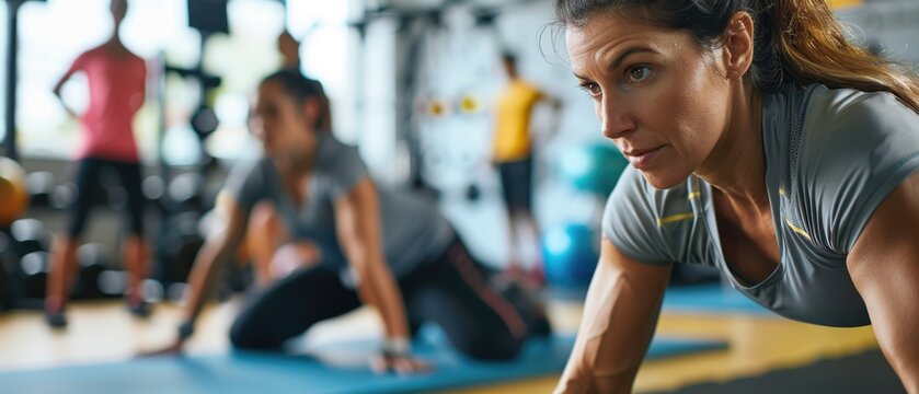 Confident Fitness Instructor Candidate Successfully Demonstrating Certification Exam Skills with Examiner Evaluation in Gym Setting.