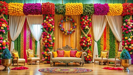 Exquisite Mehndi decorations with colorful flowers, creating a vibrant setting for festivities , Mehndi, decorations