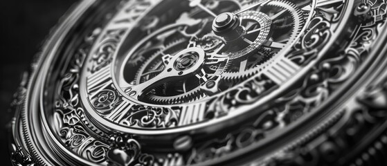 Intricate Engraved Pocket Watch Close-Up: Hyper-Realistic Gears and Decorations on Vintage Timepiece Displaying Craftsmanship