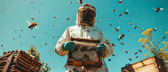 Proud Beekeeper at Wooden Hive with Honeycomb Frame amidst Swarming Bees under Sunny Blue Sky