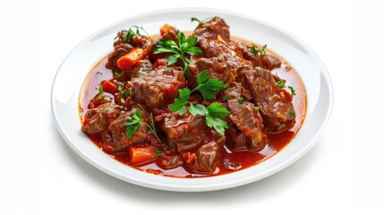 A plate of Hungarian goulash with beef and paprika on a white background.