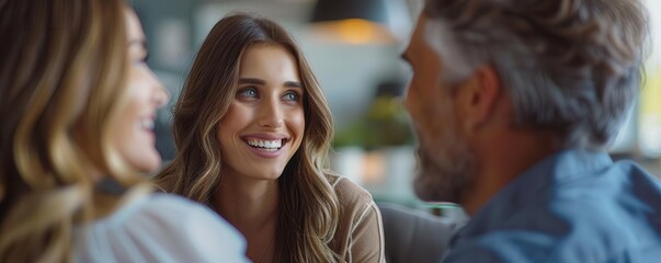 A group of three people, two women and one man, engaged in a conversation.