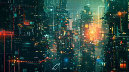 Obraz premium A cityscape with neon lights and buildings that are lit up in pink and blue. Scene is futuristic and vibrant
