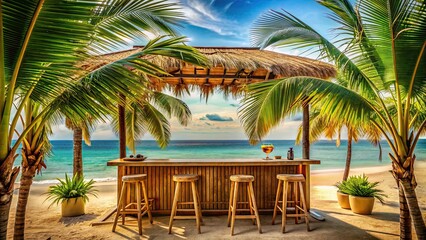 Fototapeta premium Cozy beach bar with palm leaves in a tropical setting, beach, bar, exotic, palm leaves, tropical, vacation, holidays, relaxation