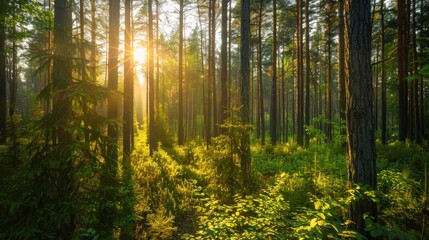 Warm light of the golden hour shining through a forest, highlighting the green foliage