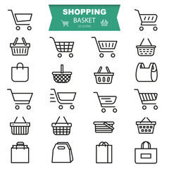 Shopping basket icon. Shopping cart, basket, bag icon set. Linear shop icon set.
