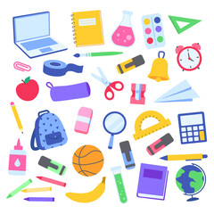 School supplies set. Back to school icon set. School supplies icon.