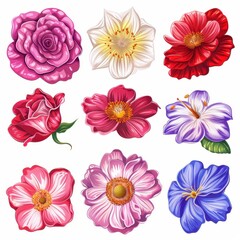 Set of nine hand-drawn flowers with vibrant colors and intricate details