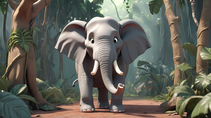 3d style animation cartoon elephant talking move its tusk in jungle