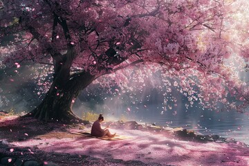 Reading under a beautiful cherry blossom tree in full bloom. Perfect for themes of tranquility, nature, and relaxation
