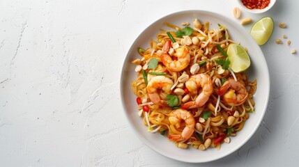 A serving of Thai pad thai with shrimp and peanuts on a white background.