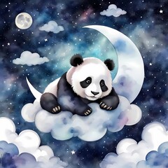 Fototapeta premium A panda bear is sleeping on a cloud in the sky. The sky is filled with stars and the moon is visible in the background. The painting has a dreamy and peaceful mood