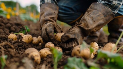 Harvest Time: Fresh Potatoes Unearthed by Gloved Hands