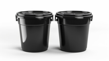 Two new black plastic buckets without writing. Idea for making plastic containers. Buckets on white background. Plastic containers for storing and transporting chemicals.