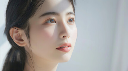 Naklejka premium Portrait young Asian beautiful woman with K-beauty make up style and healthy and perfect skin isolated on white background for skincare commercial product advertising
