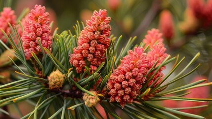 A close-up of the flowers and buds on an elegant pine tree, with long green leaves. The flower is pinkish red in color, resembling small spheres that appear to be female cone seeds at first look.