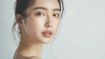 Naklejka premium Portrait young Asian beautiful woman with K-beauty make up style and healthy and perfect skin isolated on white background for skincare commercial product advertising