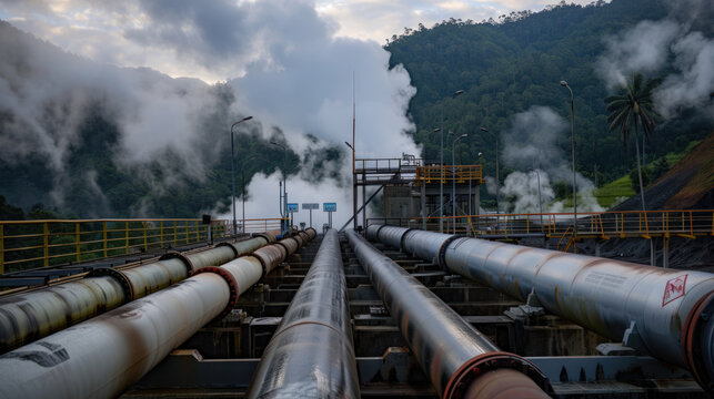 Ulumbu Geothermal Power Plant in Manggarai, Indonesia, has pipes with very high pressure and temperature. These pipes are dangerous and have safety signs to warn people to be careful.