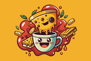 A humorous and unique t-shirt design featuring a vector illustration of a coffee. The coffee appears to be indulgent, filled with various ingredients and dripping with cheese