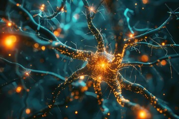 Neural network with glowing synapses, brain neurons transmitting electric impulses, neuroscience. ai generative