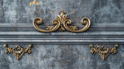 Bas relief pattern on concrete wall. Volumetric golden floral molding on a concrete wall with golden elements. 